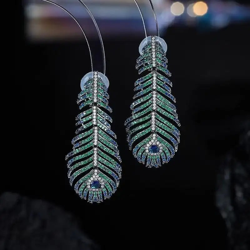 Peacock Feather Crystal Tassel Drop Earrings