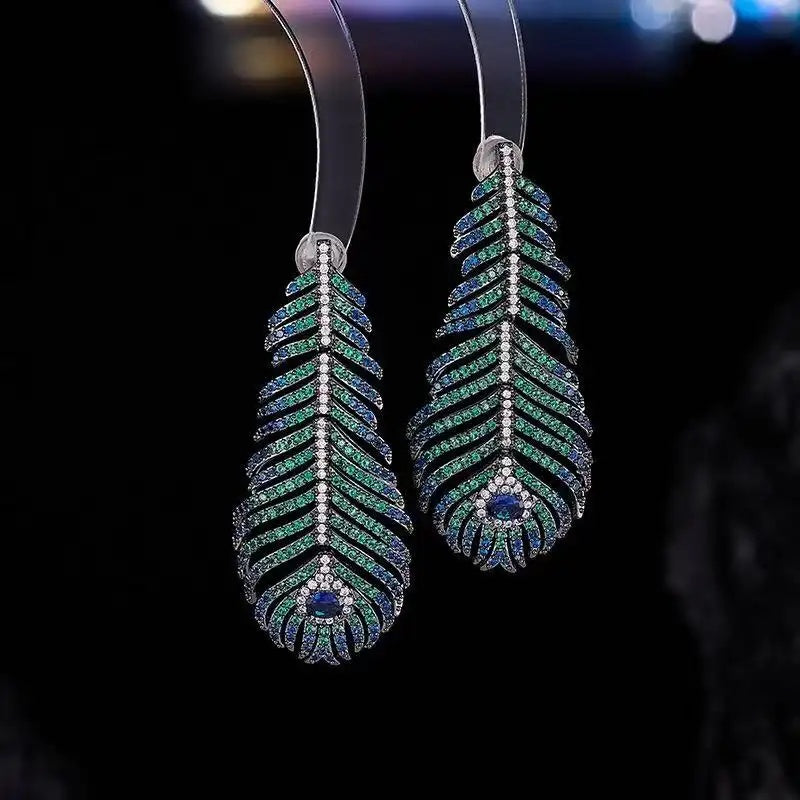 Peacock Feather Crystal Tassel Drop Earrings