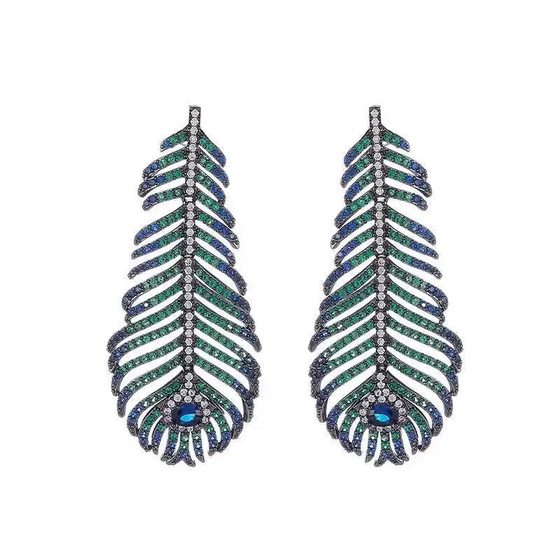 Peacock Feather Crystal Tassel Drop Earrings