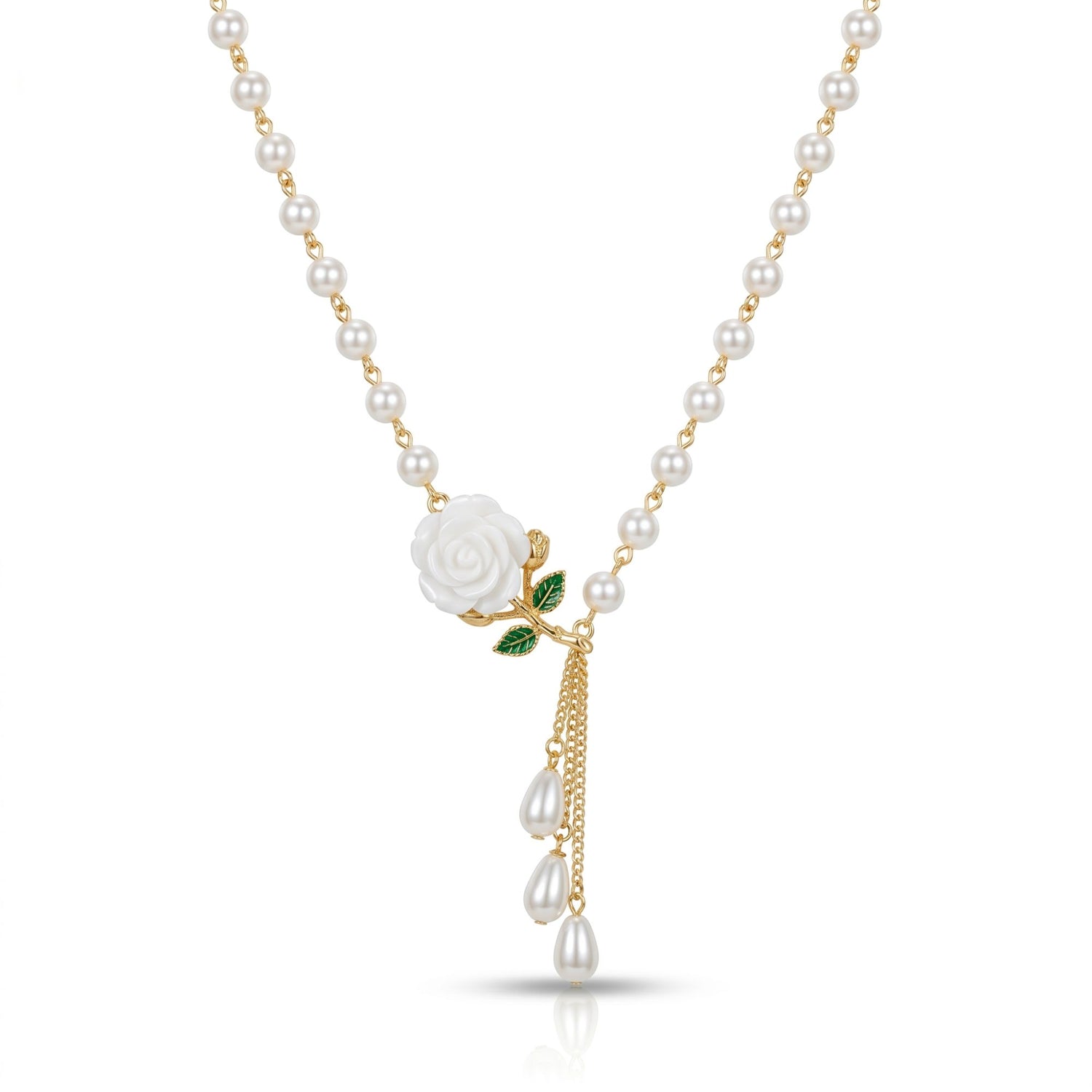 Pearl Strand White Rose Tassel Necklace