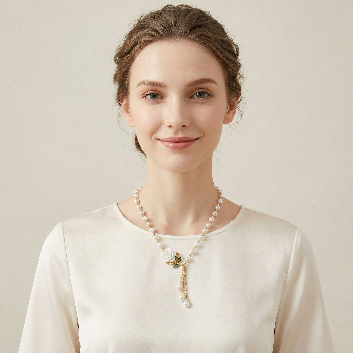 Pearl Strand White Rose Tassel Necklace