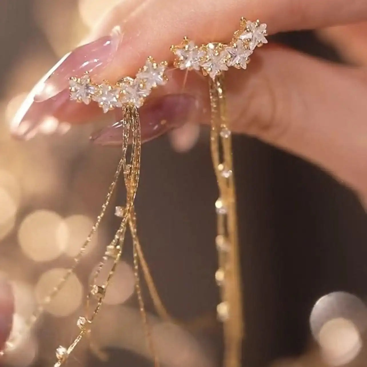 Pentagram Crystal Tassel Chain Long Drop Earrings