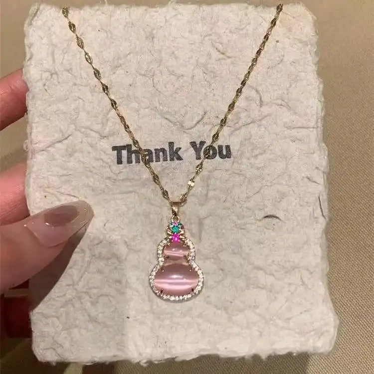 Pink Cat Eye Gourd Pendant Necklace