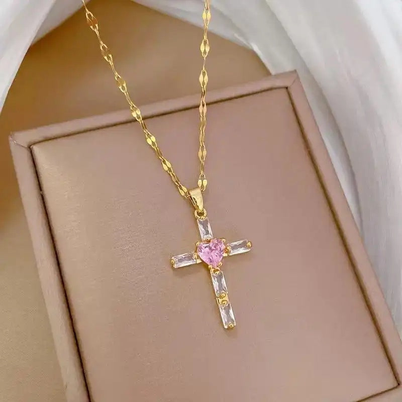 Pink Cross Gorgeous Crystal Collar Necklace