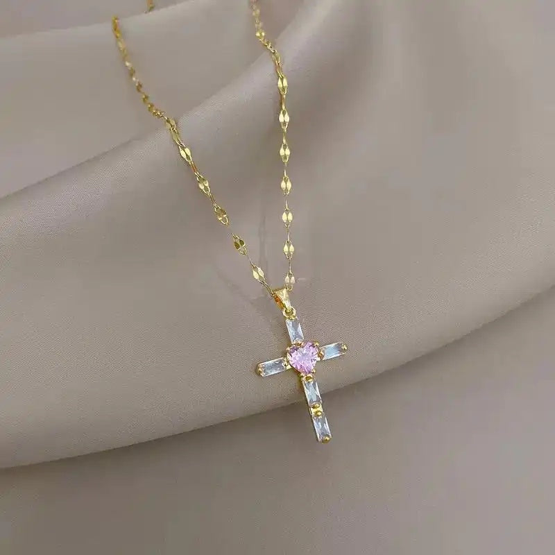 Pink Cross Gorgeous Crystal Collar Necklace