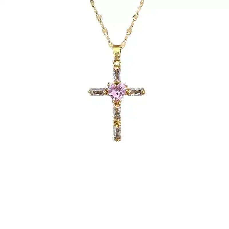 Pink Cross Gorgeous Crystal Collar Necklace