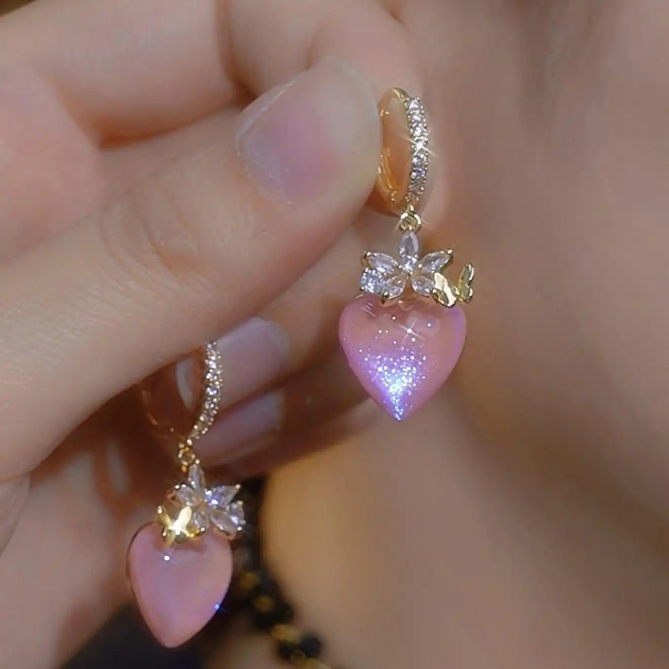 Pink Crystal Heart Hoop Earrings