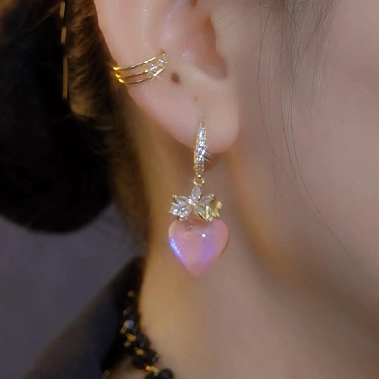 Pink Crystal Heart Hoop Earrings