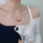 Pink Crystal Rose Flower Beaded Necklace