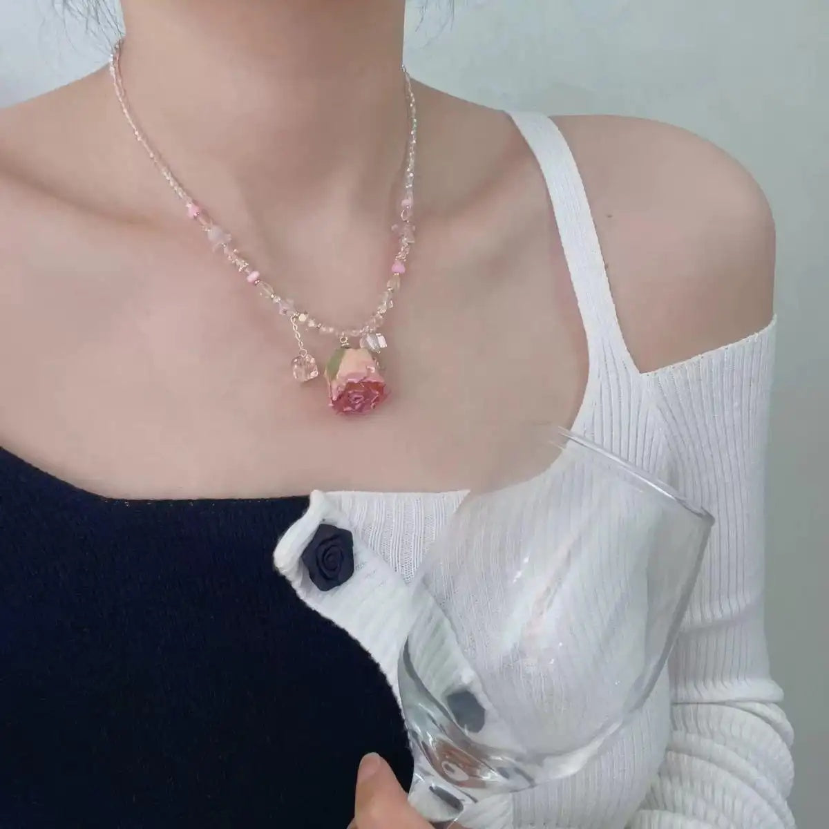Pink Crystal Rose Flower Beaded Necklace