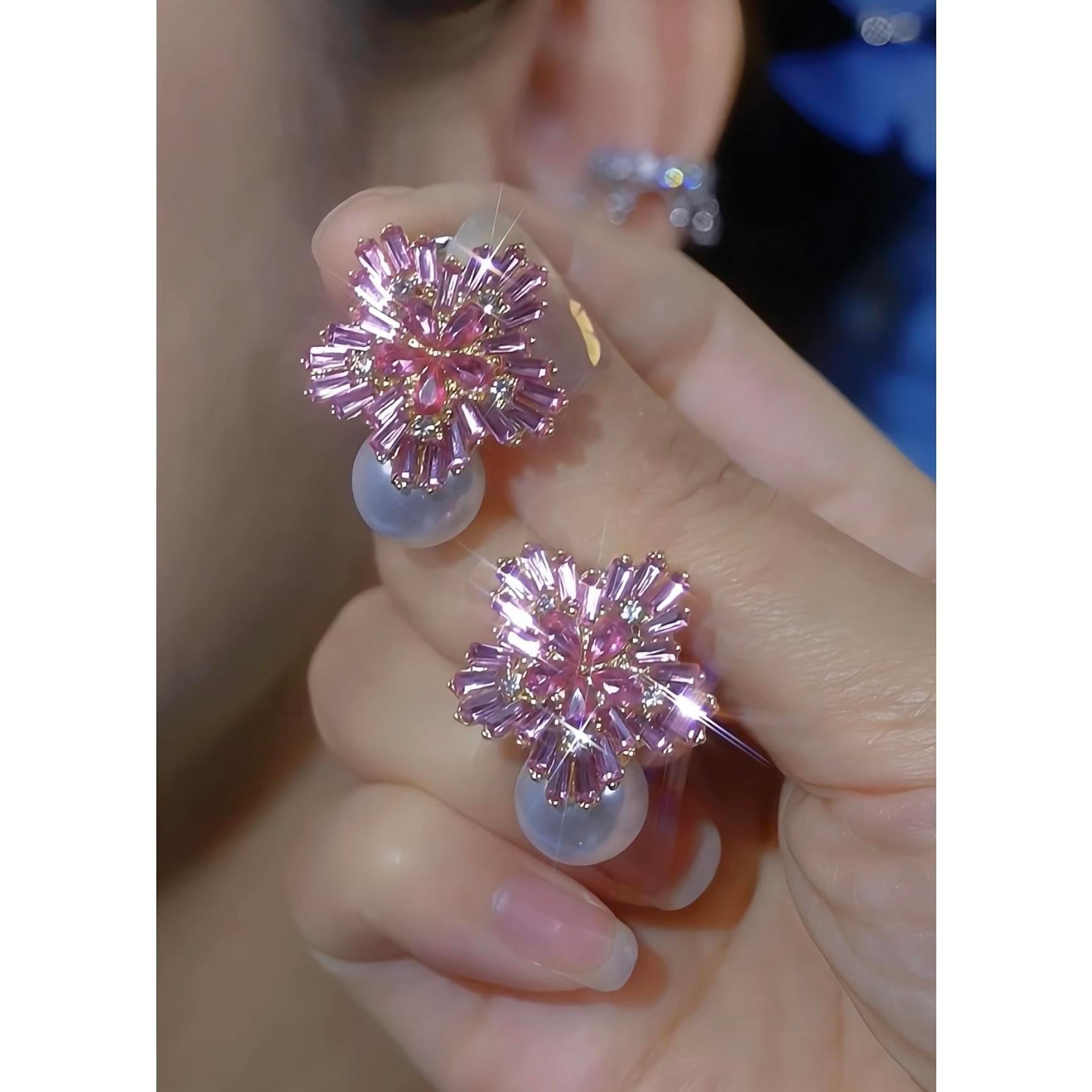 Pink Diamond Pearl Spring Summer Stud Earrings