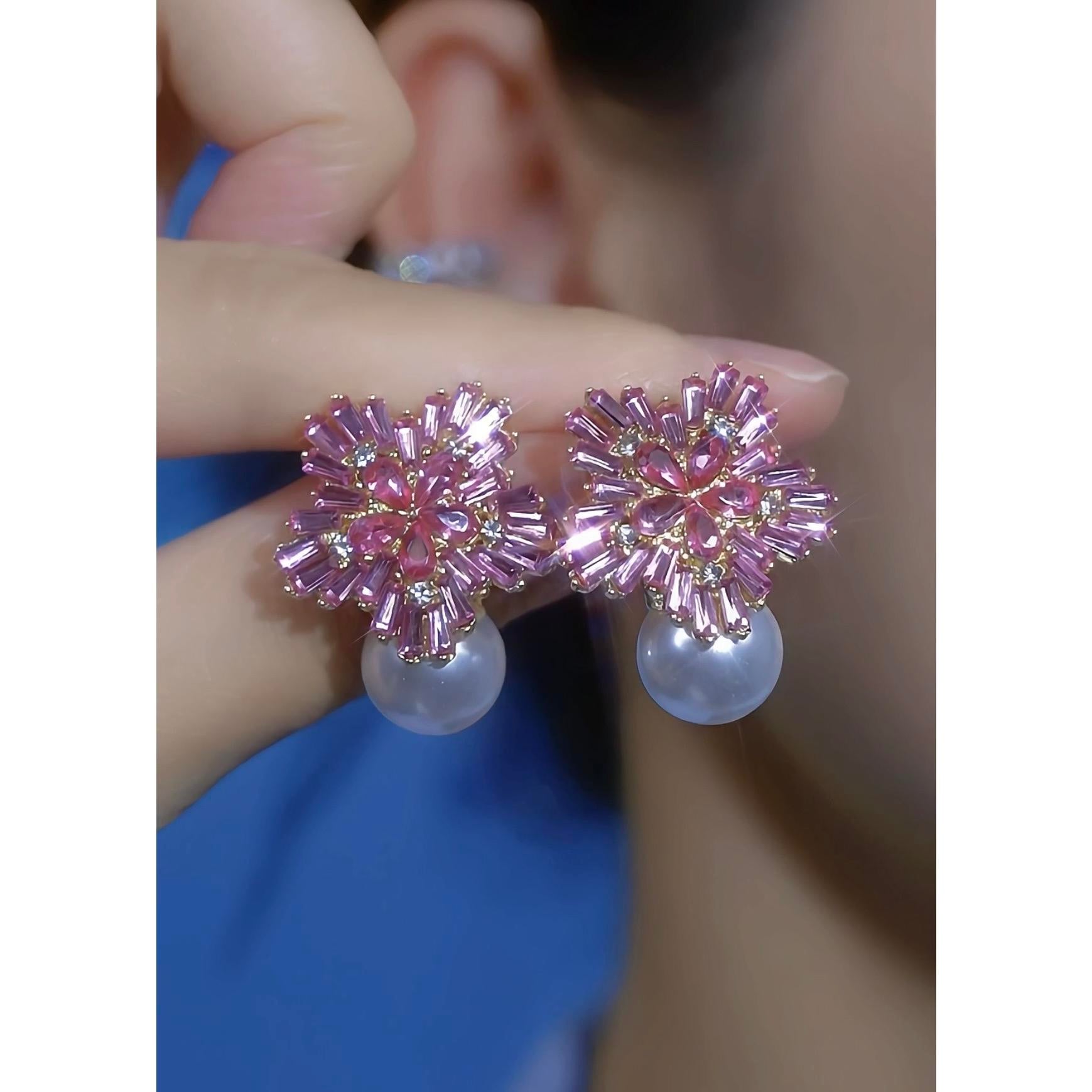 Pink Diamond Pearl Spring Summer Stud Earrings