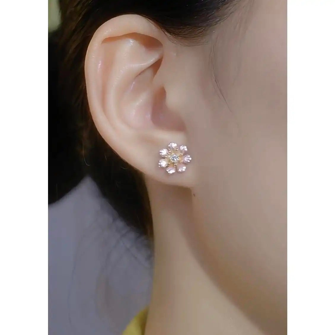 Pink Flower Korean Silver Tone Stud Earrings