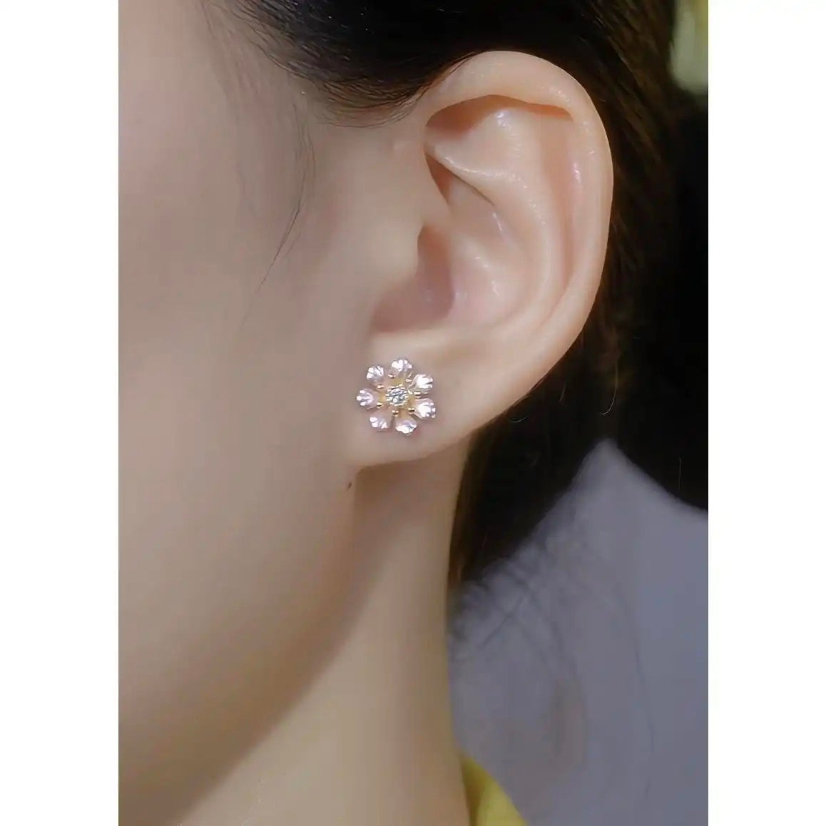Pink Flower Korean Silver Tone Stud Earrings