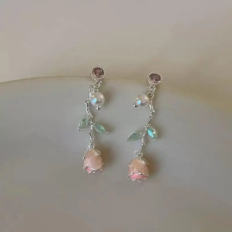 Pink Rose Pearl Crystal Tassel Drop Earrings