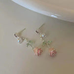Pink Rose Pearl Crystal Tassel Drop Earrings