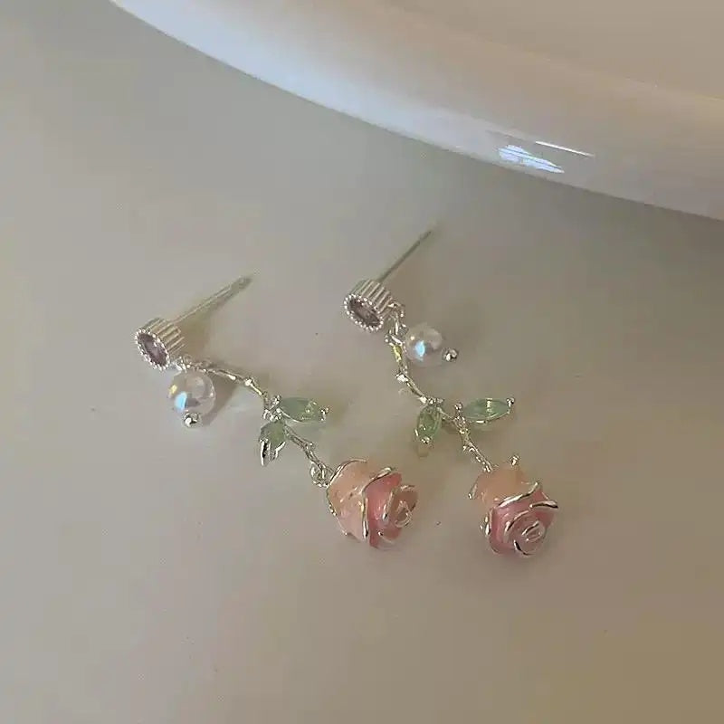 Pink Rose Pearl Crystal Tassel Drop Earrings