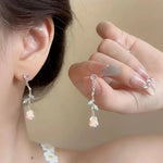 Pink Rose Pearl Crystal Tassel Drop Earrings