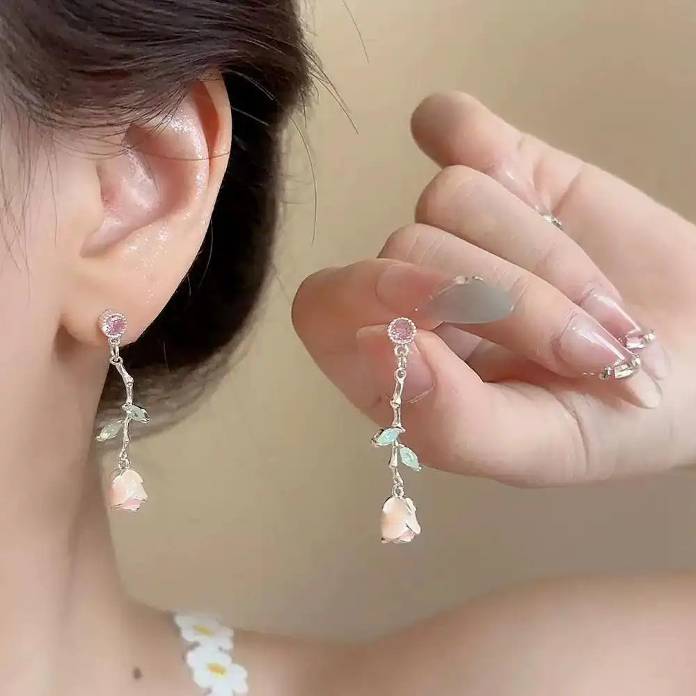 Pink Rose Pearl Crystal Tassel Drop Earrings