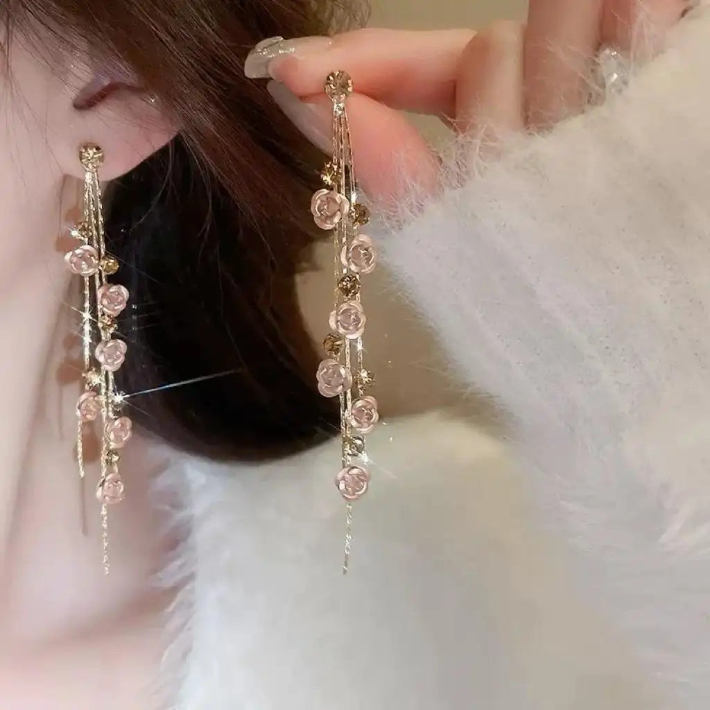 Pink Rose Tassel Drop Earrings