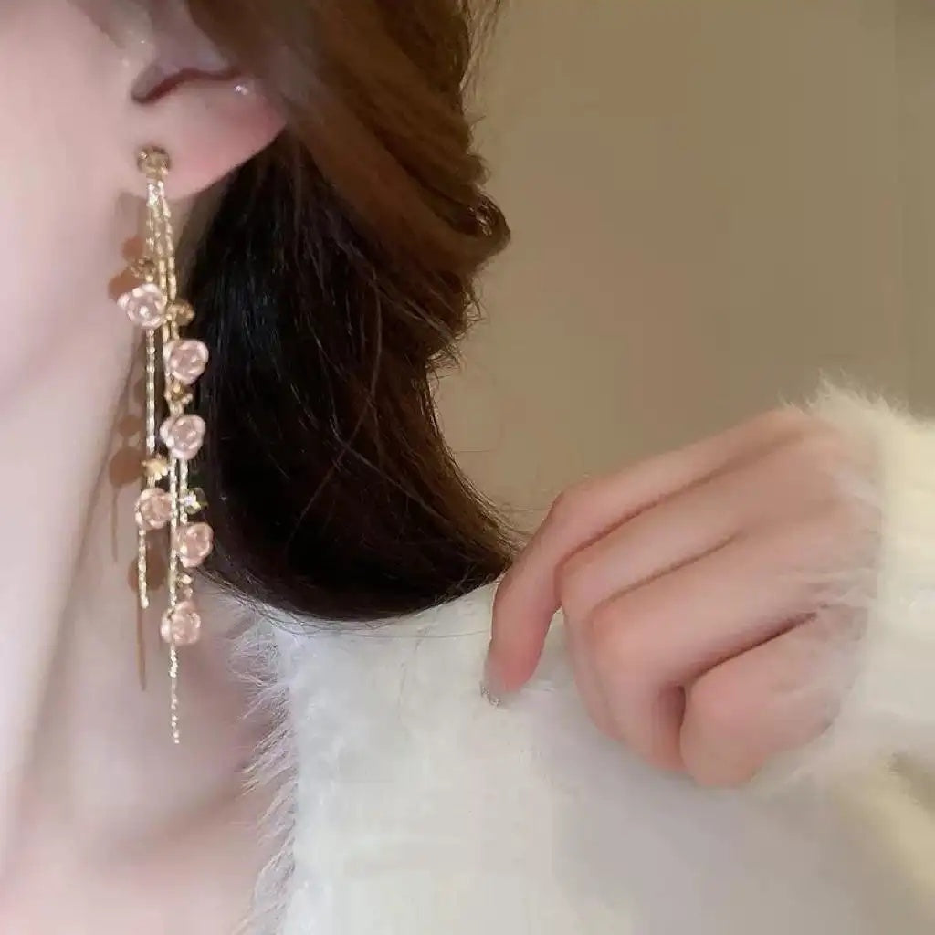 Pink Rose Tassel Drop Earrings