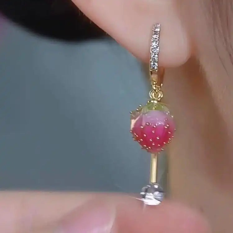 Pink Strawberry Crystal Hoop Earrings
