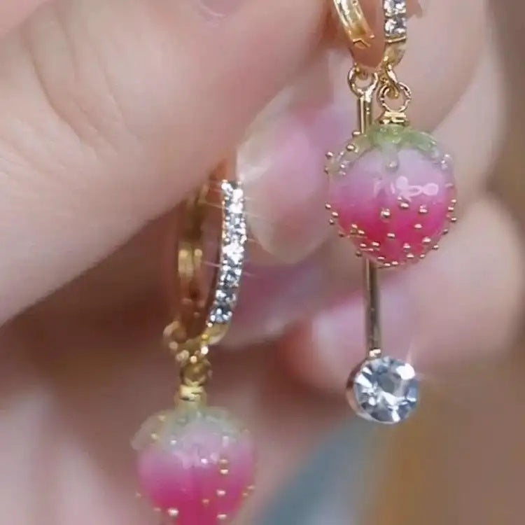 Pink Strawberry Crystal Hoop Earrings