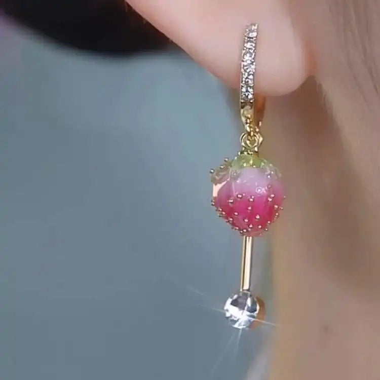 Pink Strawberry Crystal Hoop Earrings