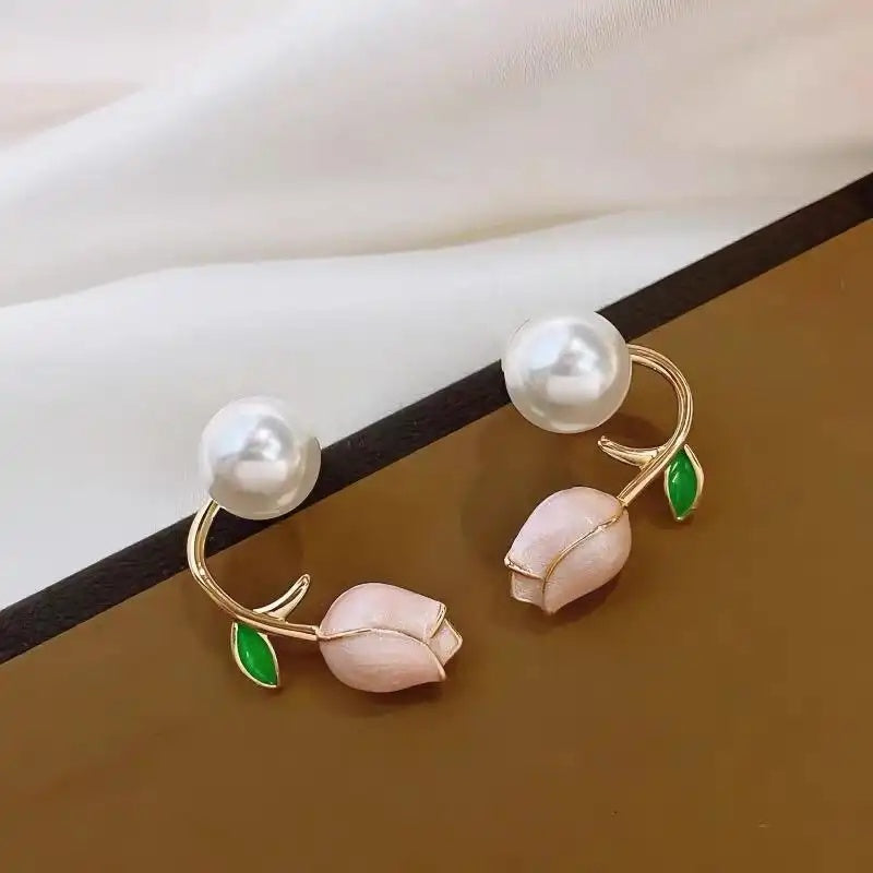 Pink Tulip Pearl Earrings