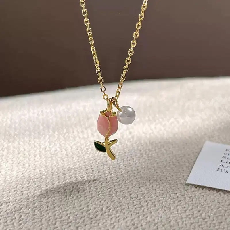 Pink Tulip Pearl Necklace