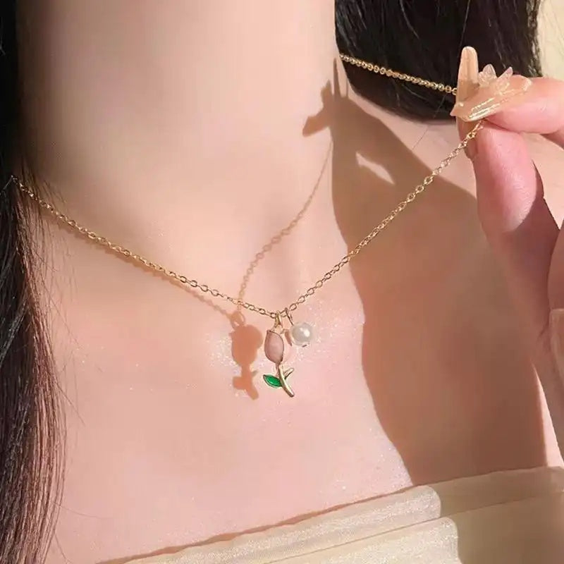 Pink Tulip Pearl Necklace