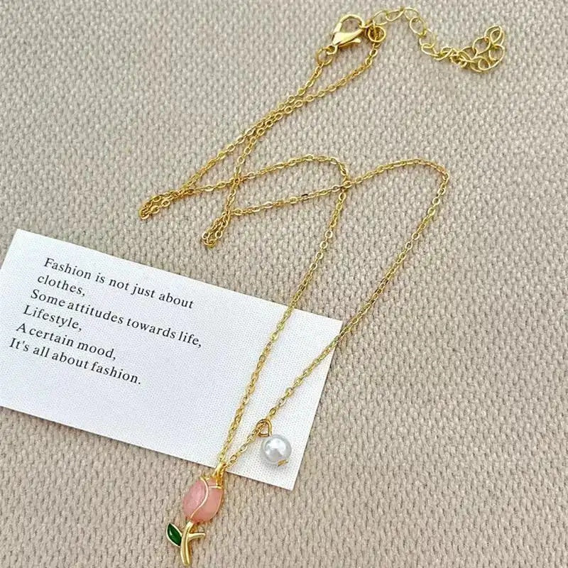 Pink Tulip Pearl Necklace