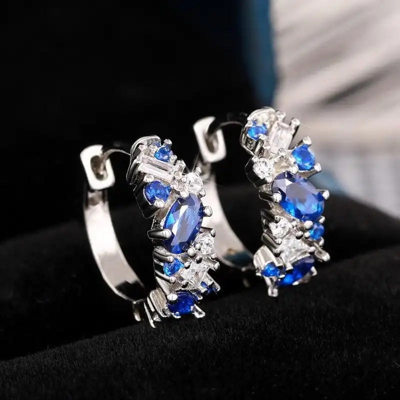 Platinum Blue Diamond Colorful Gem Hoop Earrings