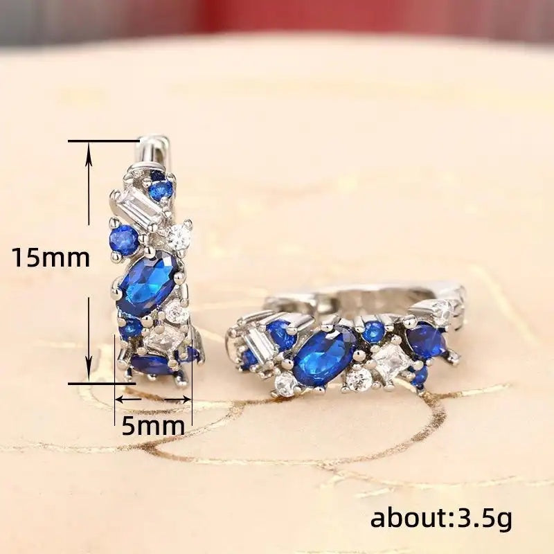 Platinum Blue Diamond Colorful Gem Hoop Earrings