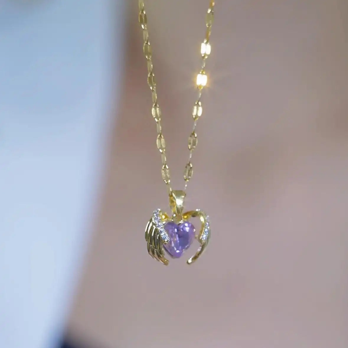 Purple Angel Wing Heart Pendant Necklace