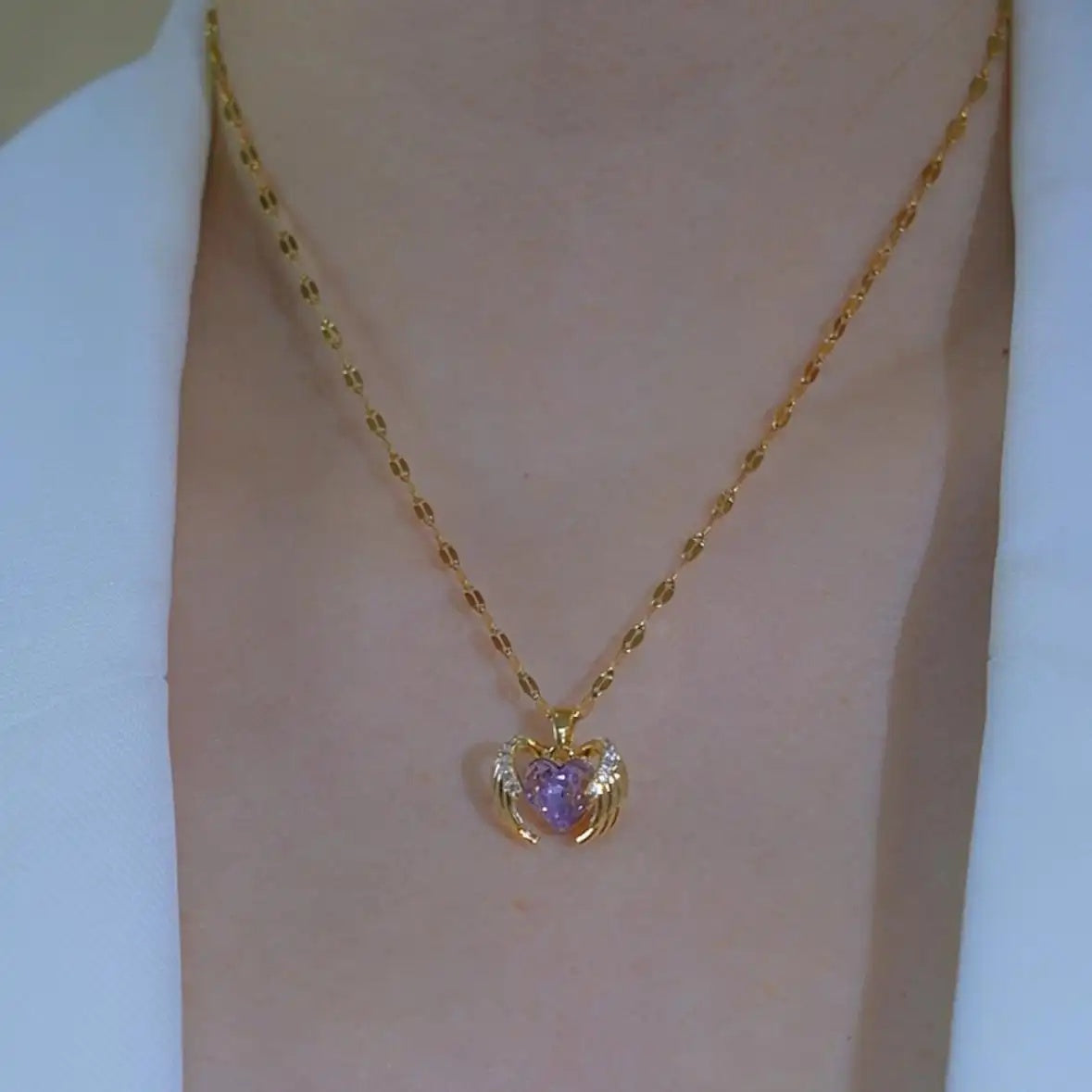 Purple Angel Wing Heart Pendant Necklace