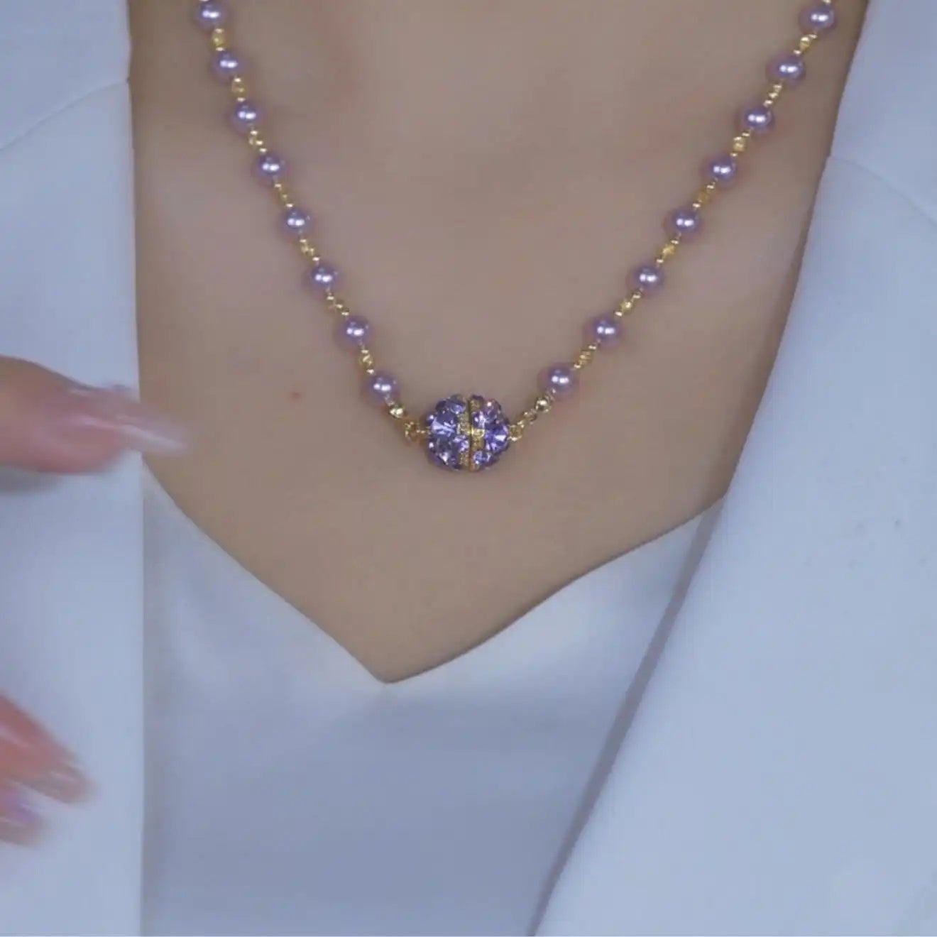 Purple Bead Crystal Round Pendant Necklace