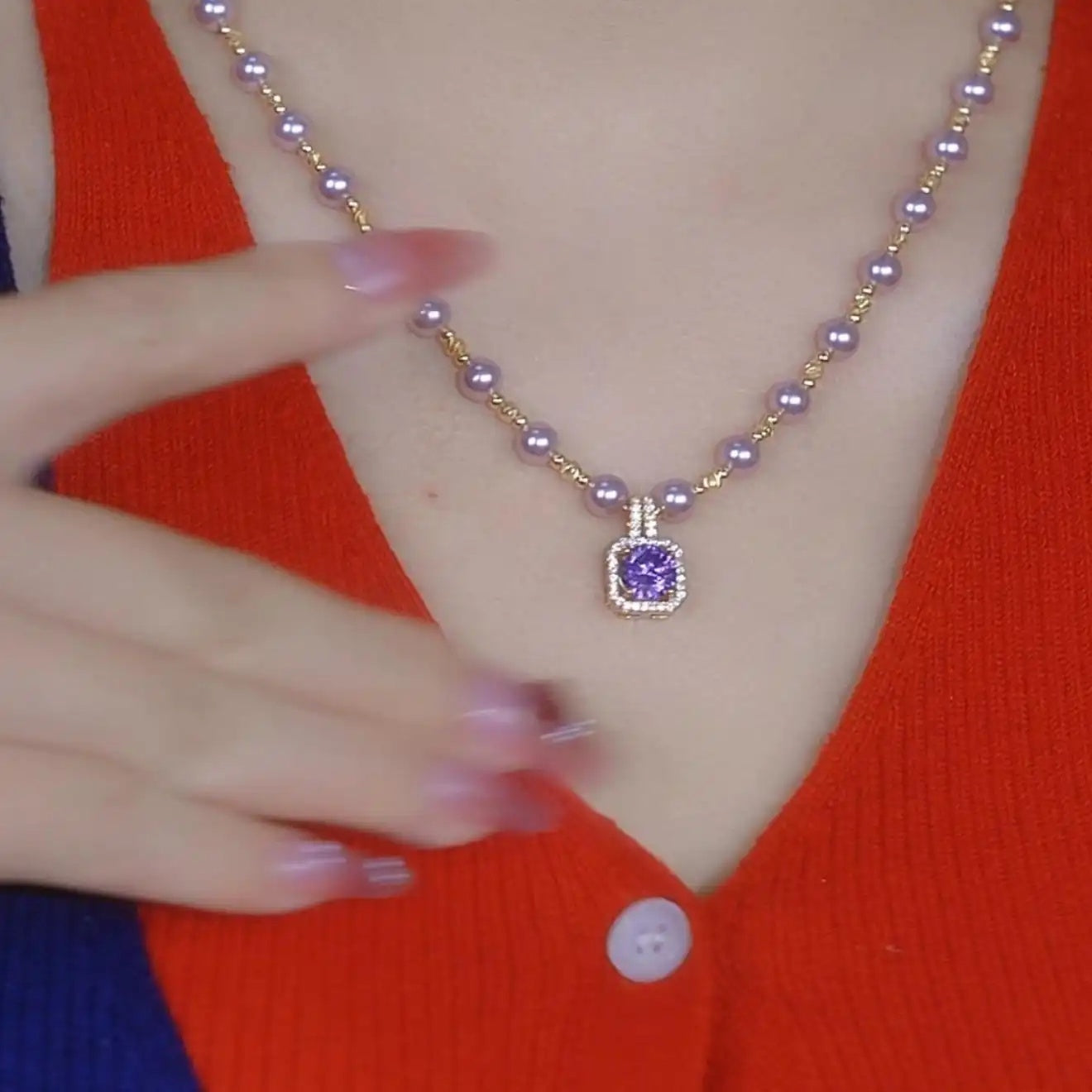Purple Beaded Square Pendant Necklace