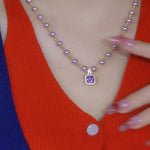 Purple Beaded Square Pendant Necklace