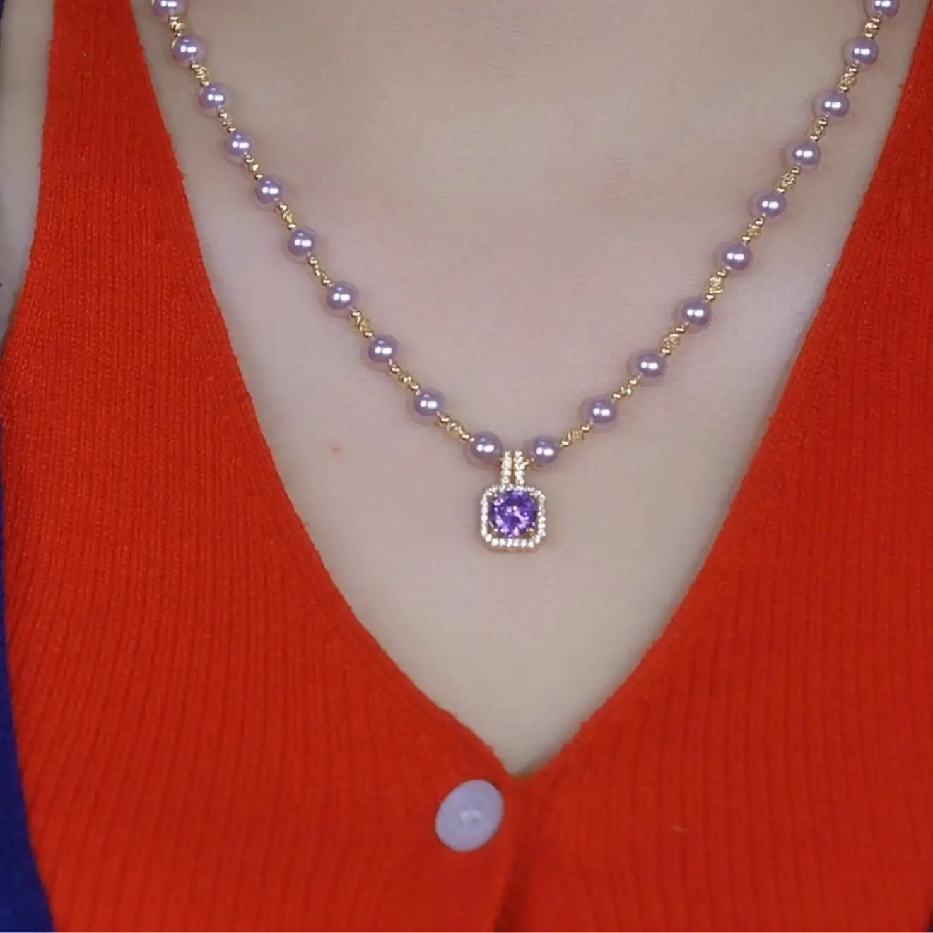 Purple Beaded Square Pendant Necklace