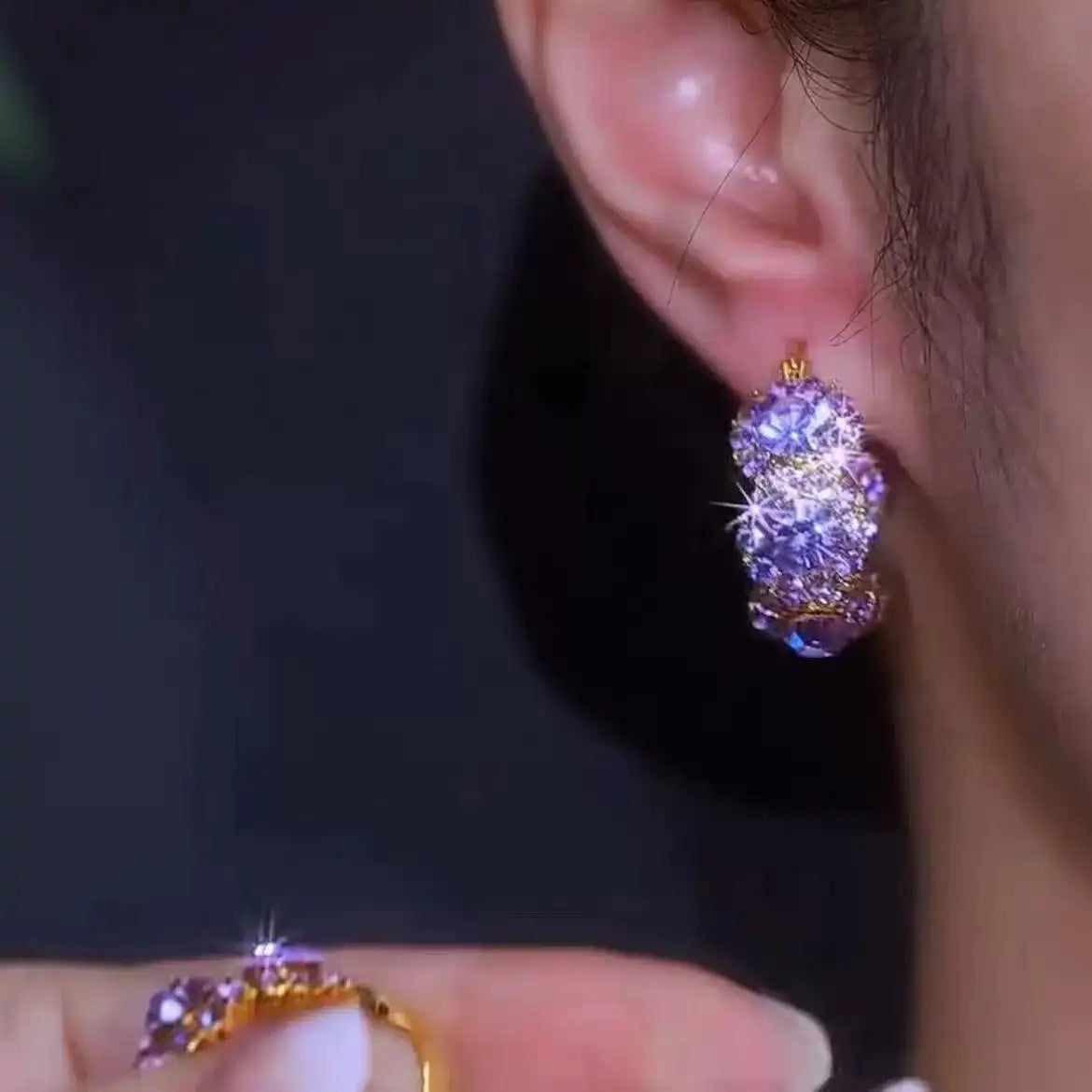 Purple Chunky Crystal Hoop Earrings
