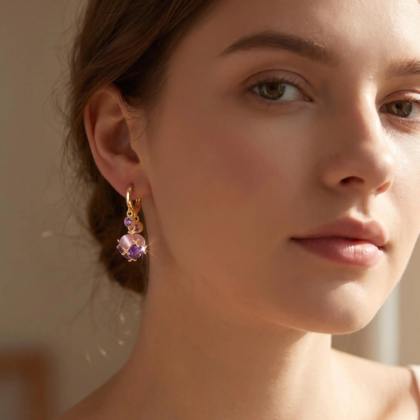 Purple Crystal Ball Hoop Earrings