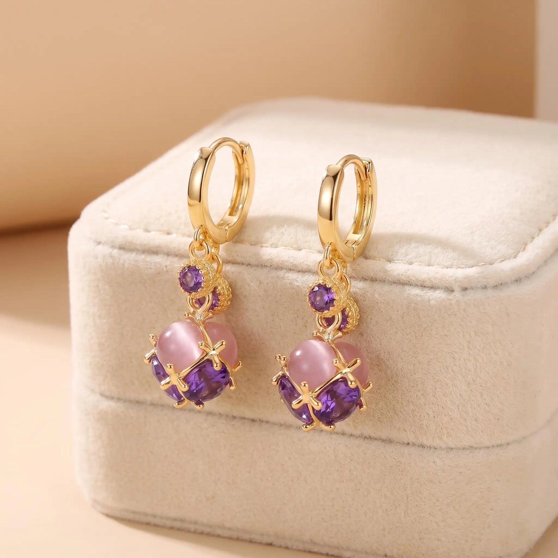 Purple Crystal Ball Hoop Earrings