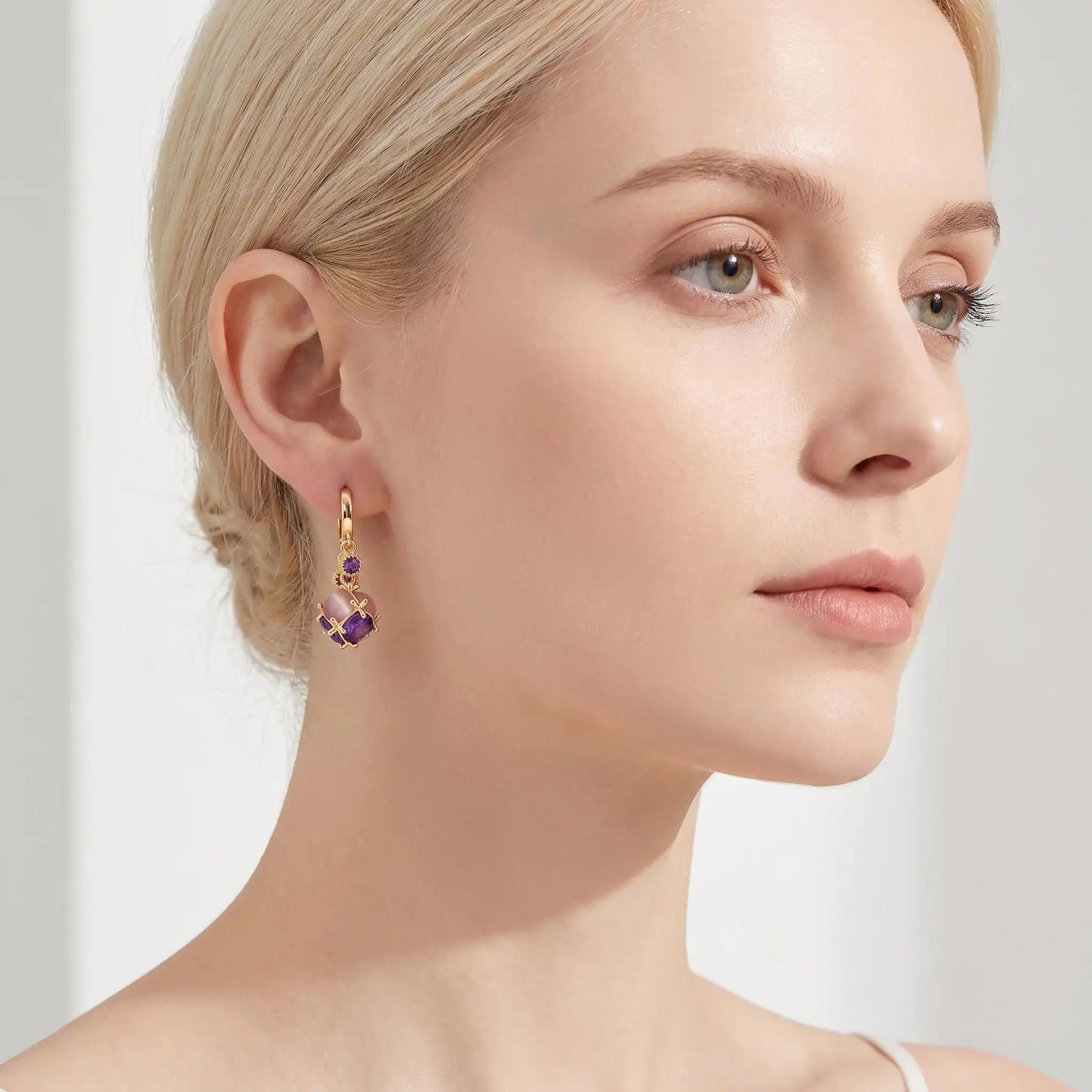 Purple Crystal Ball Hoop Earrings