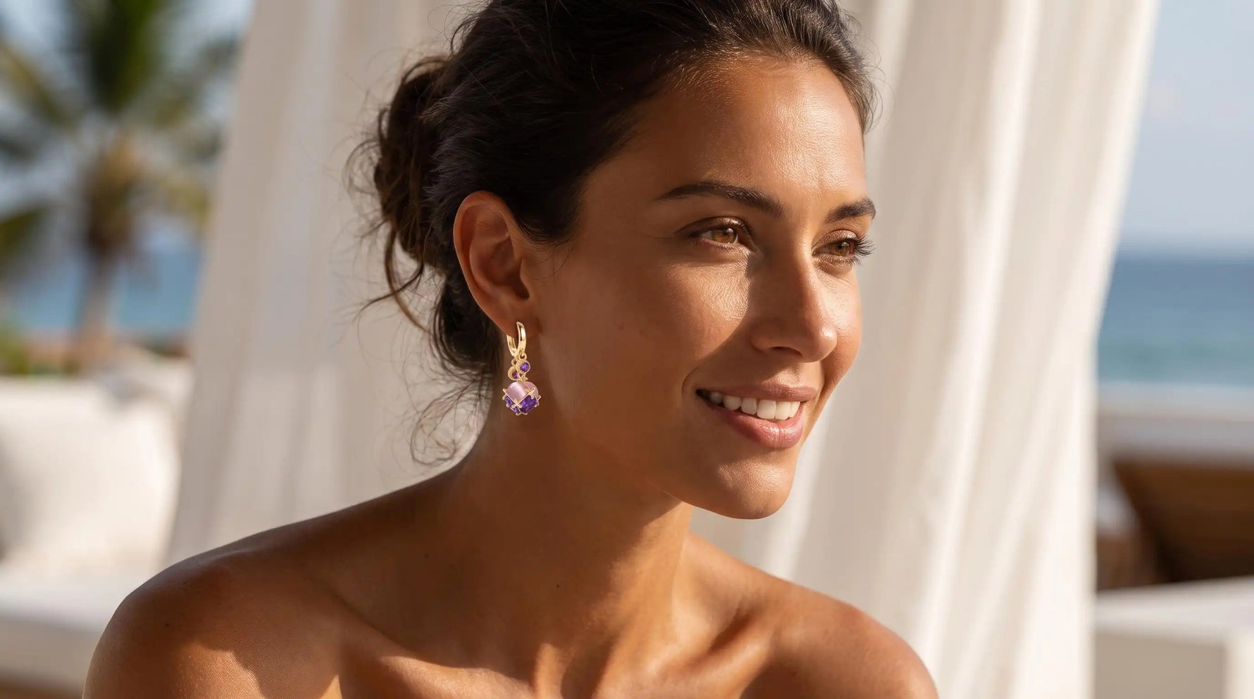 Purple Crystal Ball Hoop Earrings