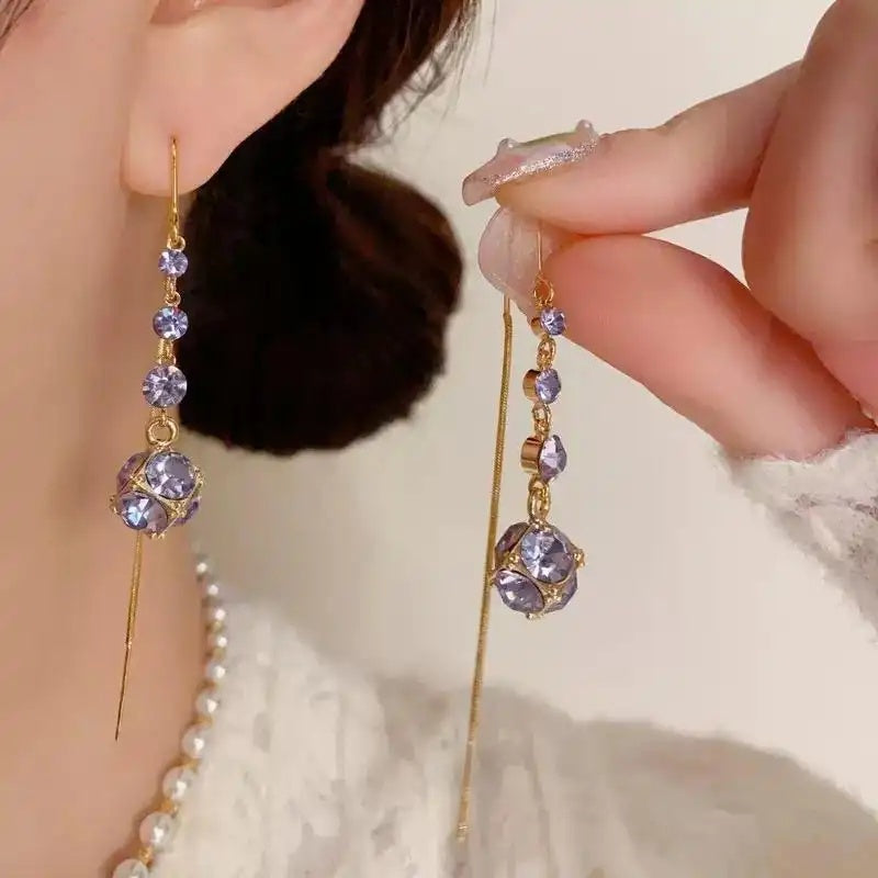 Purple Crystal Ball Long Chain Drop Earrings