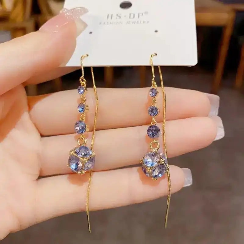 Purple Crystal Ball Long Chain Drop Earrings