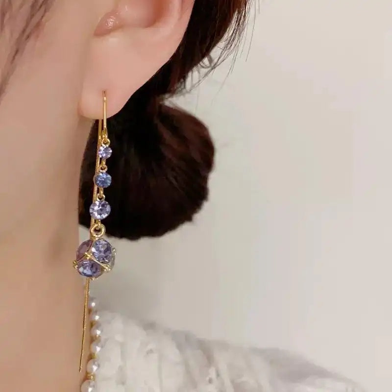 Purple Crystal Ball Long Chain Drop Earrings