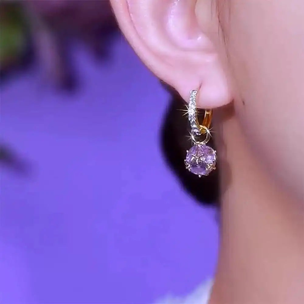 Purple Crystal Ball Needle Round Hoop Earrings
