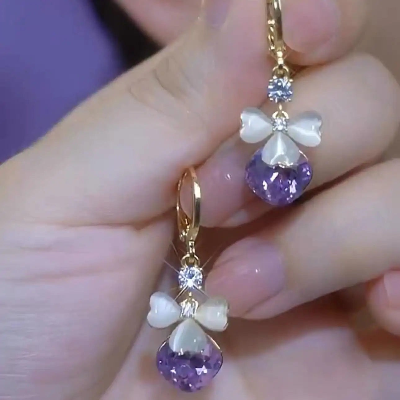 Purple Crystal Bead Tassel Drop Earrings